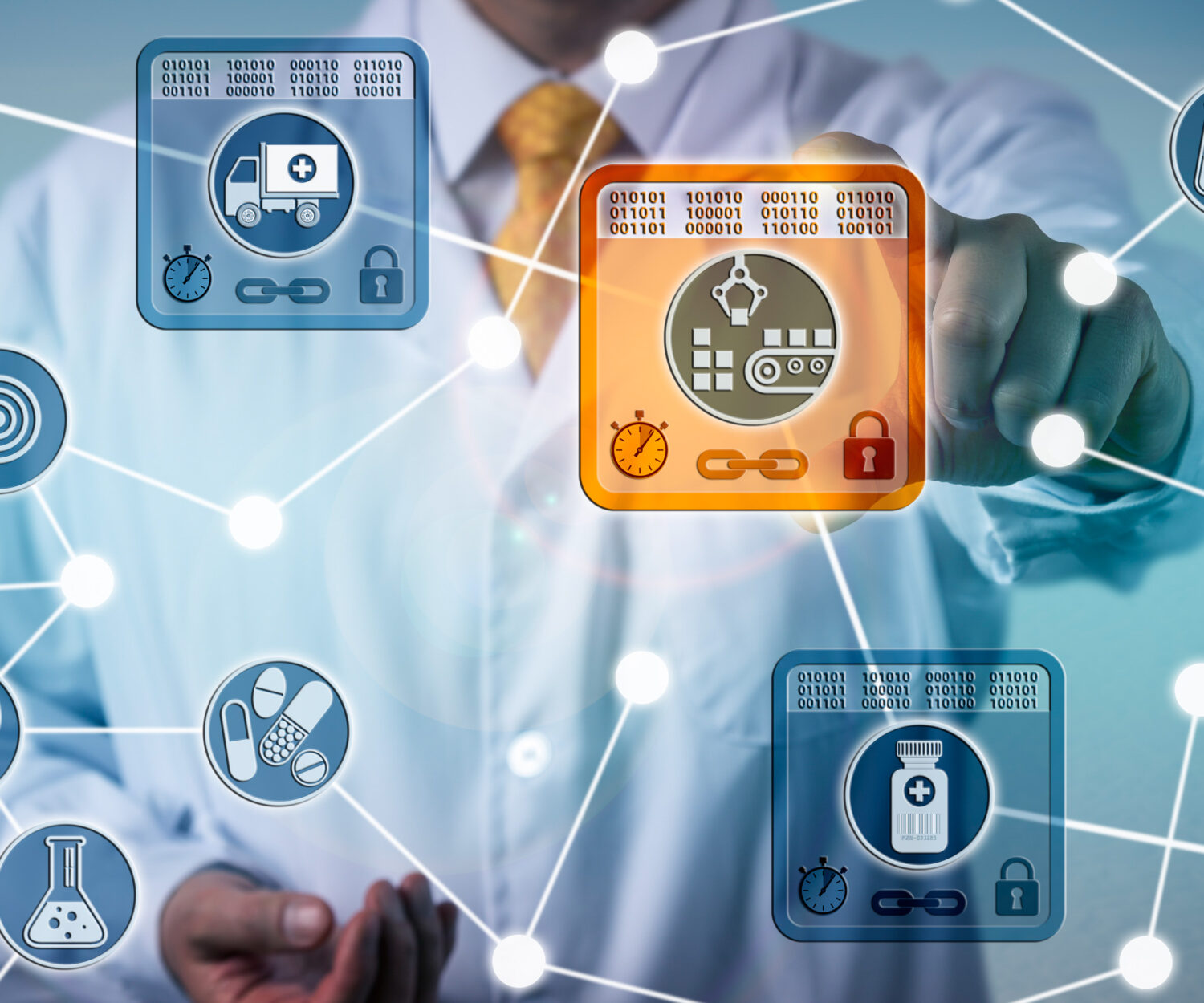 Unrecognizable pharmaceutical logistician using internet of things solution based on blockchain technology to secure data integrity of drug supply chain. Networking concept for distributed ledgers.